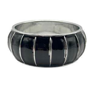 Wide Bangle Bracelet Chunky Ribbed Black Enamel Silver Tone Metal Dark Academia